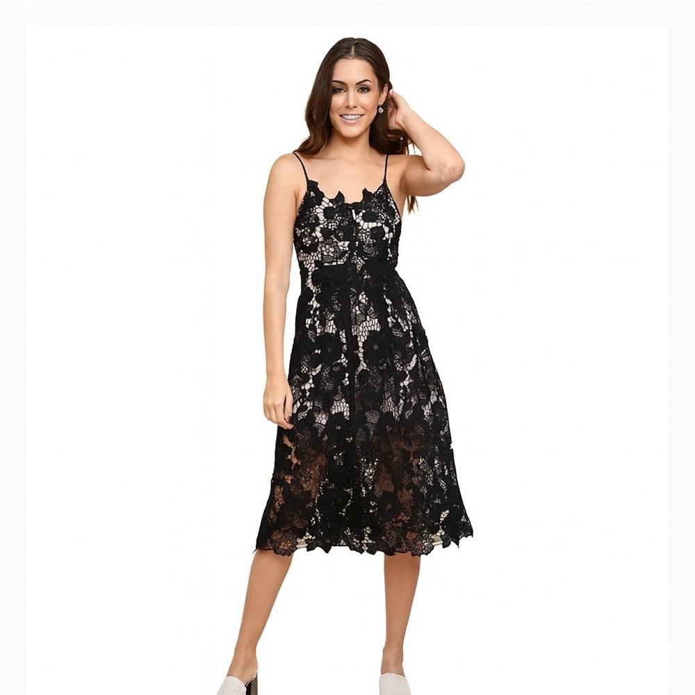 Umgee Women's Floral Lace Applique Overlay Midi Dress Black Sz M Feminine
